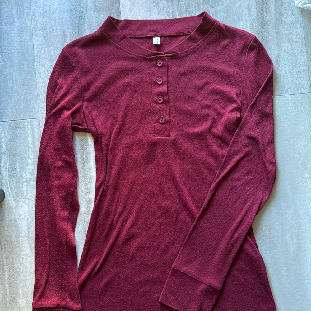 Burgundy, long sleeve top, buttons in front of top, very comfortable
